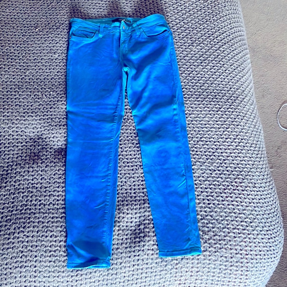 Bright blue waxed cotton Joes Jeans 3/4 length skinny jeans
